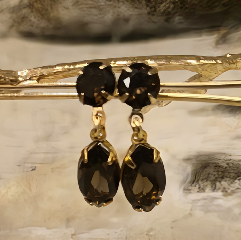 7 Carats Natural Smoky Quartz 2 Stones Round & Marquise In Gold Plated Earrings